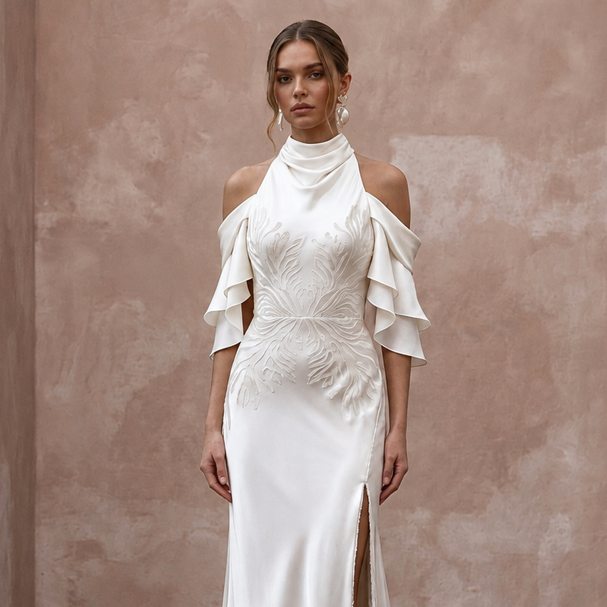 Fluid Off-White Liquid Satin Sheath for Beach Reception