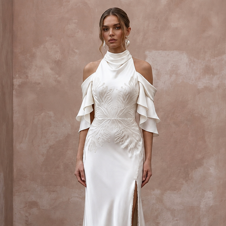 Fluid Off-White Liquid Satin Sheath for Beach Reception