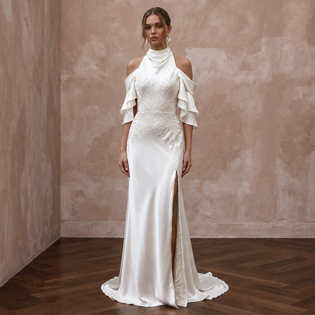 Fluid Off-White Liquid Satin Sheath for Beach Reception