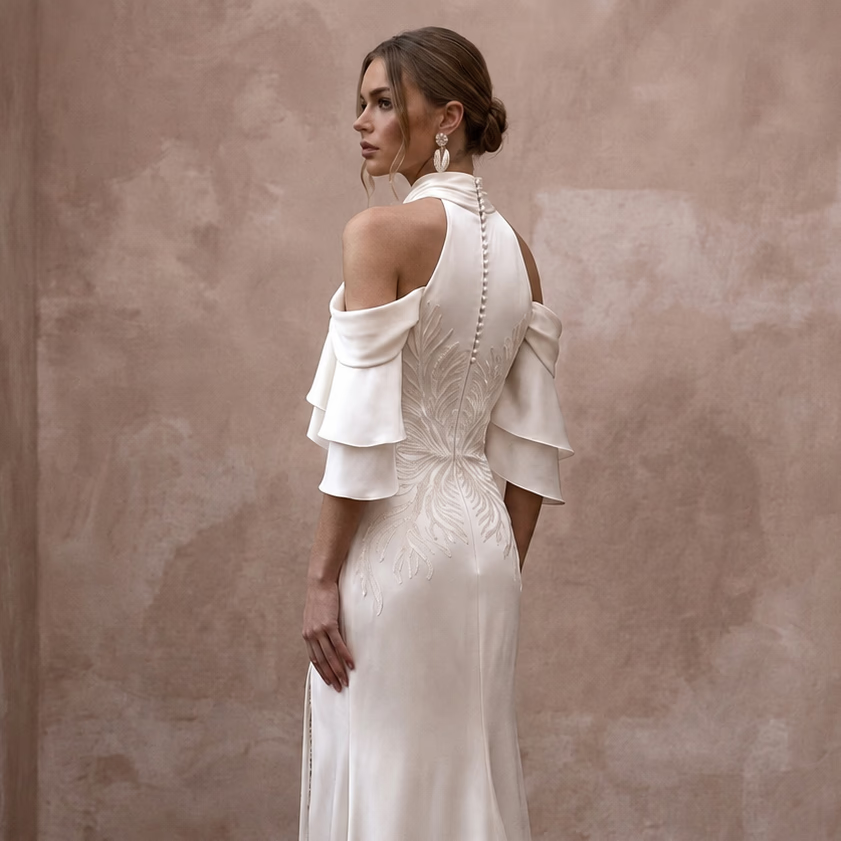 Fluid Off - White Liquid Satin Sheath for Beach Reception - Apparel & Accessories > Clothing > Wedding & Bridal Party Dresses > Wedding Dresses - Mignonette Bridal