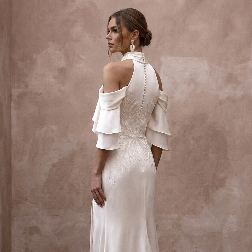 Fluid Off-White Liquid Satin Sheath for Beach Reception