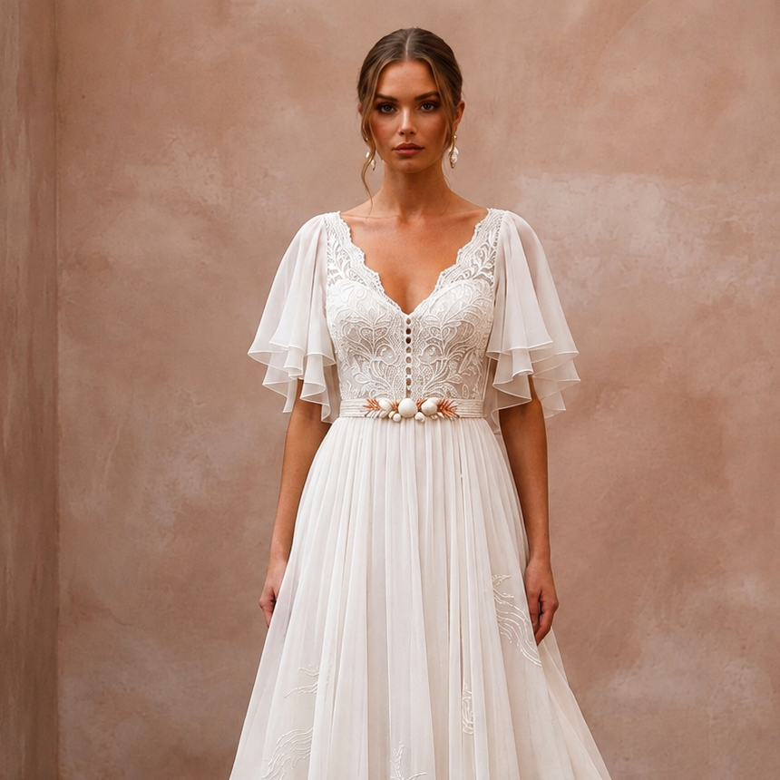 Flutter Sleeve Chiffon Bridal Dress for a Beach Wedding - Apparel & Accessories > Clothing > Wedding & Bridal Party Dresses > Wedding Dresses - Mignonette Bridal