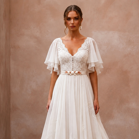 Flutter Sleeve Chiffon Bridal Dress for a Beach Wedding - Apparel & Accessories > Clothing > Wedding & Bridal Party Dresses > Wedding Dresses - Mignonette Bridal