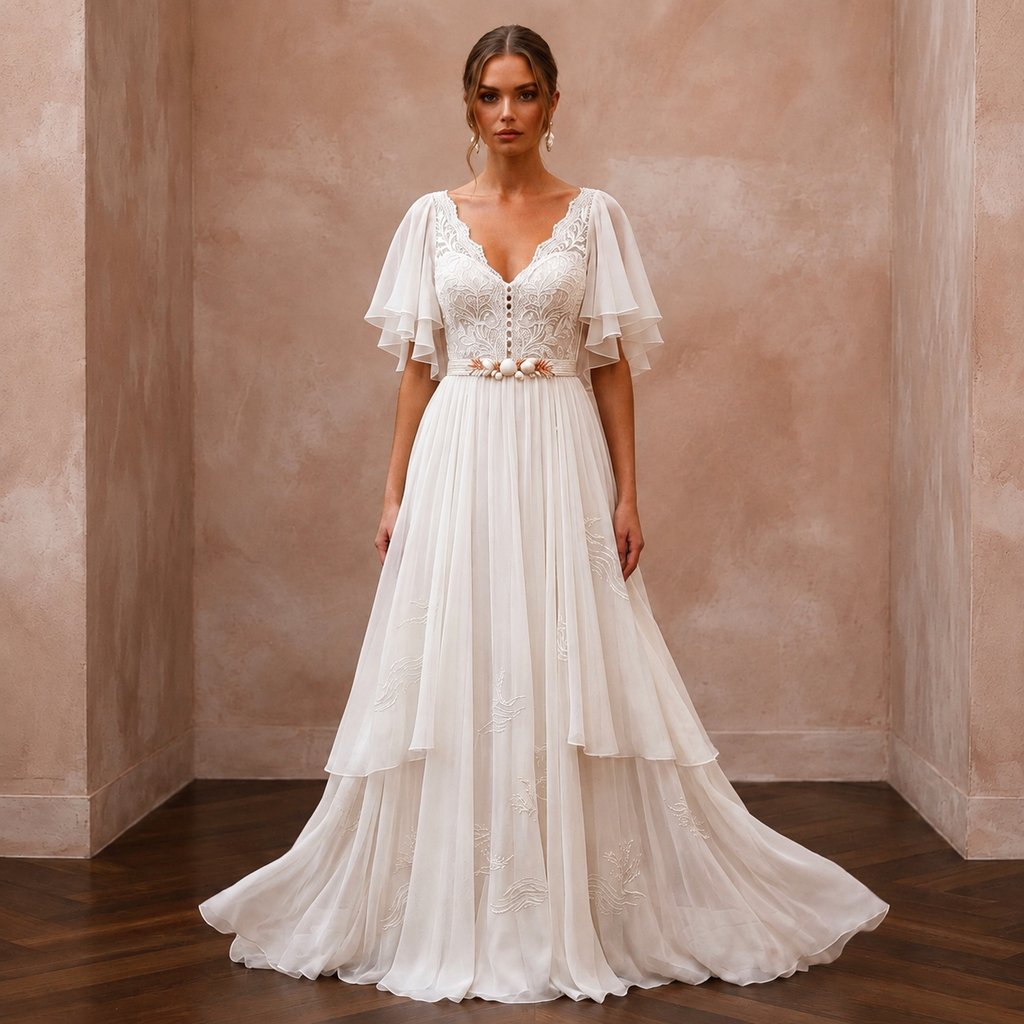 Flutter Sleeve Chiffon Bridal Dress for a Beach Wedding - Apparel & Accessories > Clothing > Wedding & Bridal Party Dresses > Wedding Dresses - Mignonette Bridal