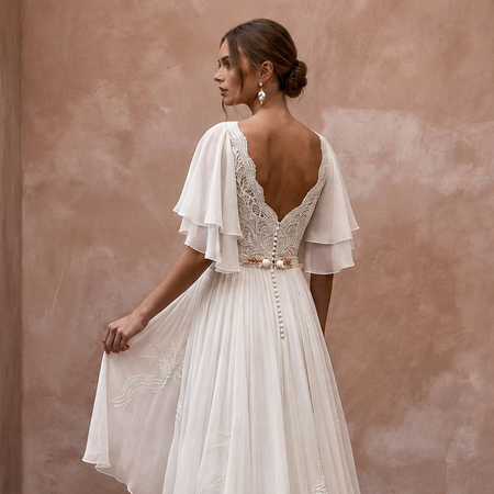 Flutter Sleeve Chiffon Bridal Dress for a Beach Wedding - Apparel & Accessories > Clothing > Wedding & Bridal Party Dresses > Wedding Dresses - Mignonette Bridal
