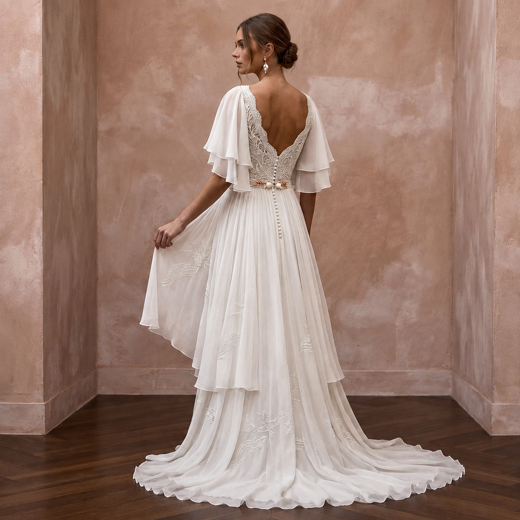 Flutter Sleeve Chiffon Bridal Dress for a Beach Wedding - Apparel & Accessories > Clothing > Wedding & Bridal Party Dresses > Wedding Dresses - Mignonette Bridal