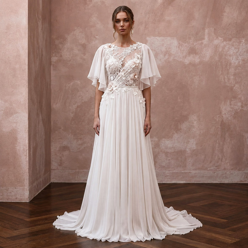 Flutter Sleeve Chiffon Bridal Gown for a Spring Ceremony