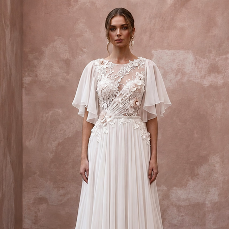 Flutter Sleeve Chiffon Bridal Gown for a Spring Ceremony