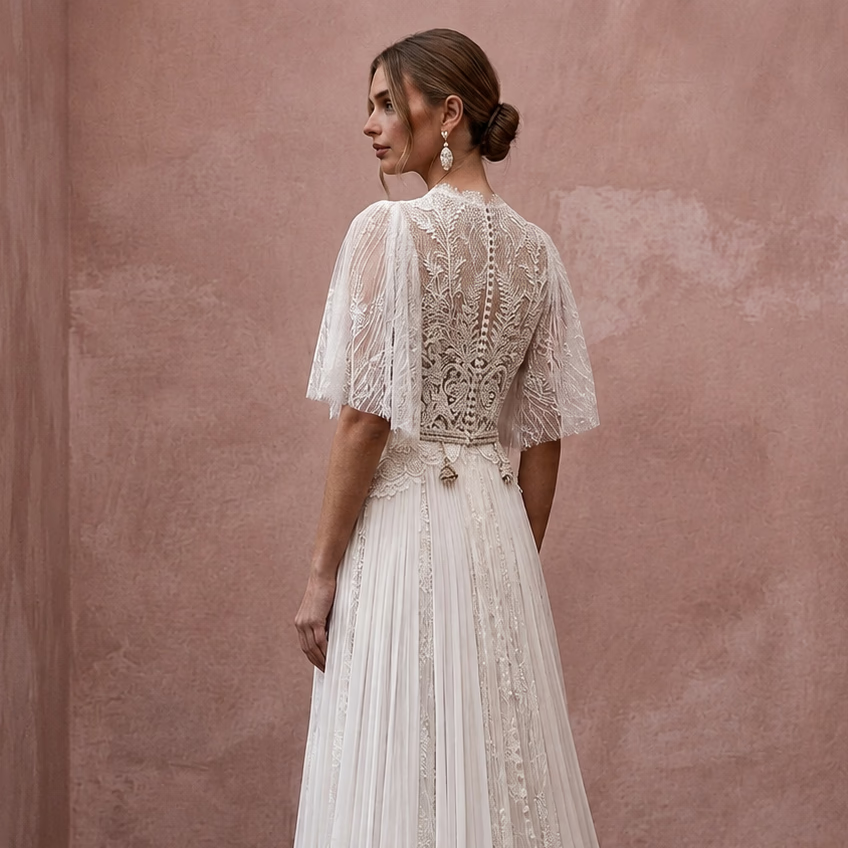 Flutter Sleeve Chiffon Bridal Gown for a Spring Ceremony