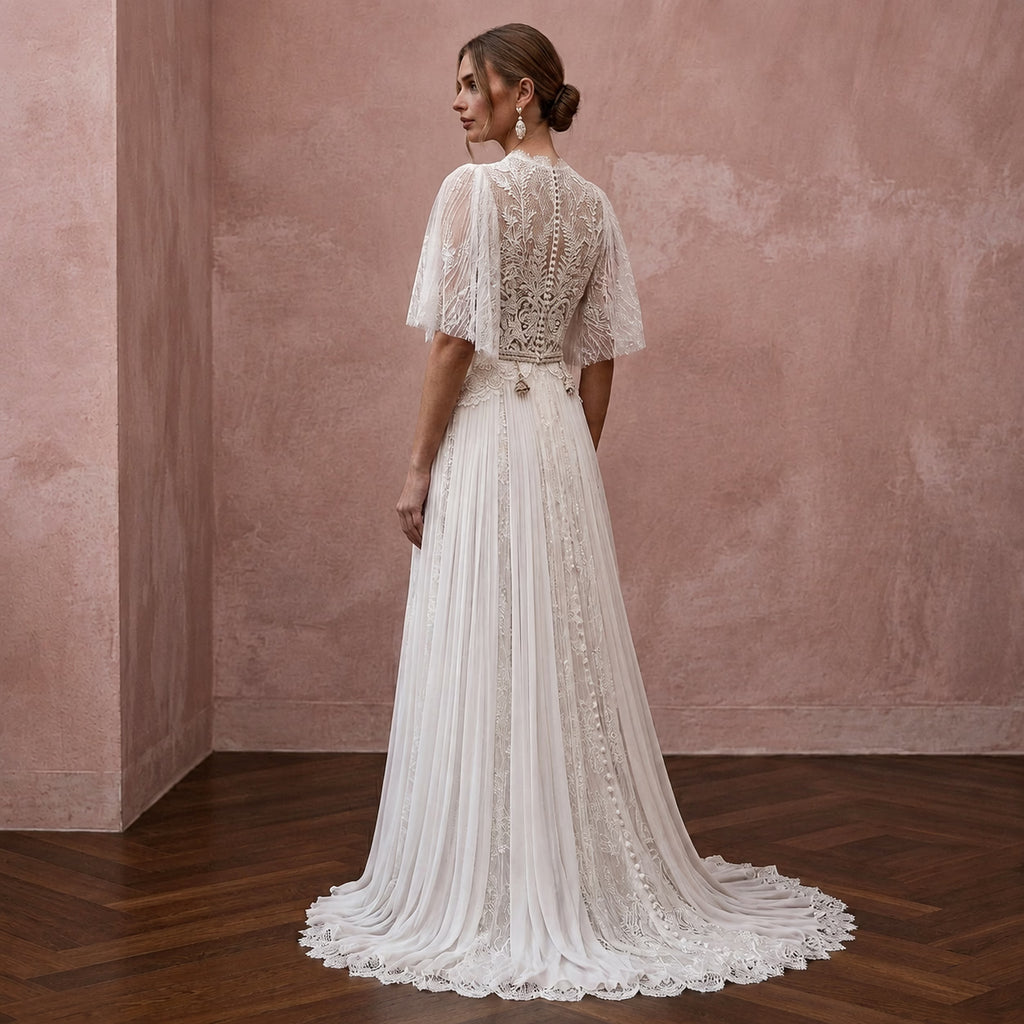 Flutter Sleeve Chiffon Bridal Gown for a Spring Ceremony