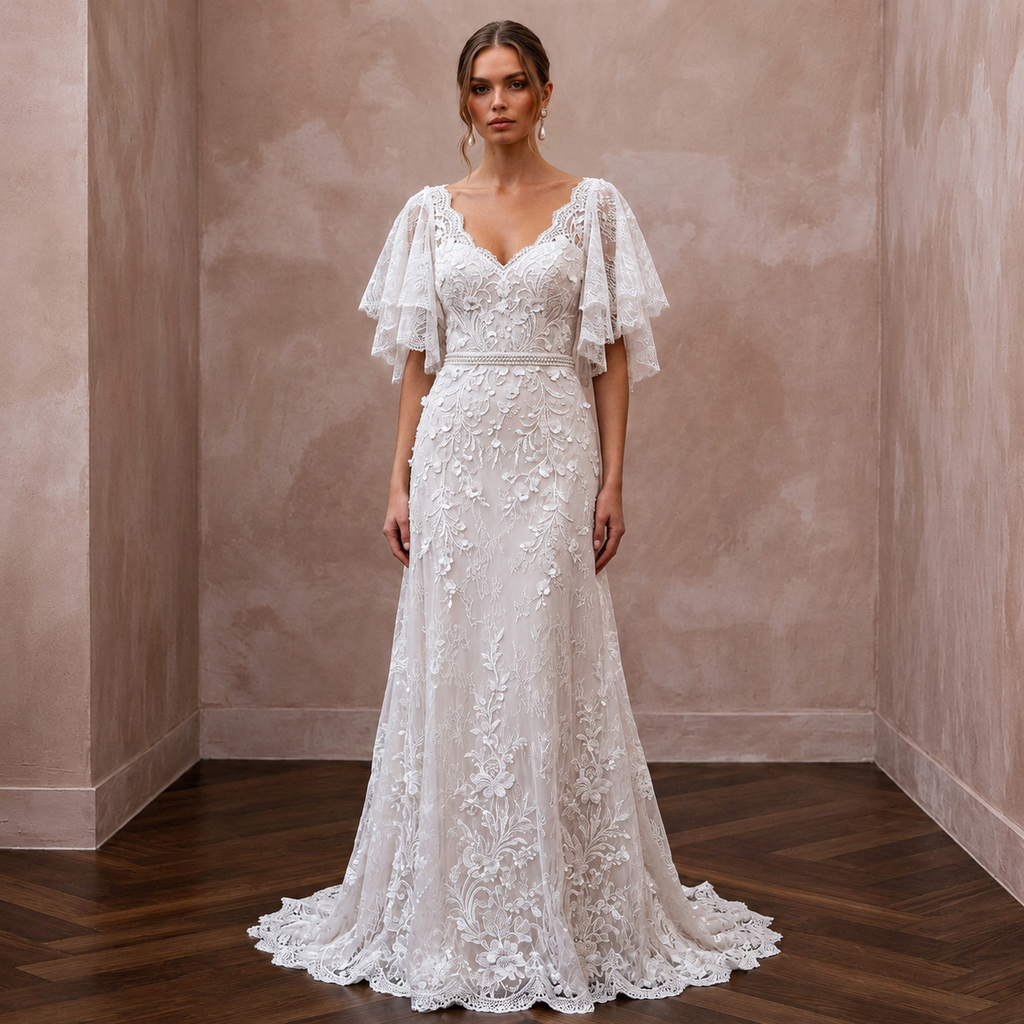 Flutter Sleeve Lace Bridal Gown for a Spring Wedding - Apparel & Accessories > Clothing > Wedding & Bridal Party Dresses > Wedding Dresses - Mignonette Bridal