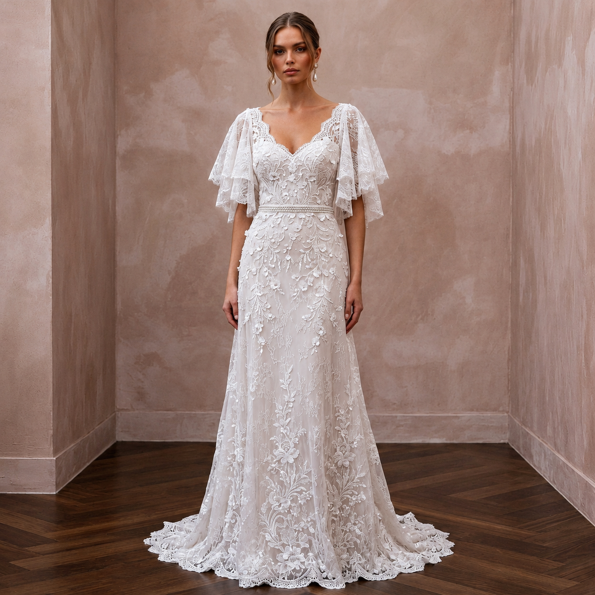 Flutter Sleeve Lace Bridal Gown for a Spring Wedding - Apparel & Accessories > Clothing > Wedding & Bridal Party Dresses > Wedding Dresses - Mignonette Bridal