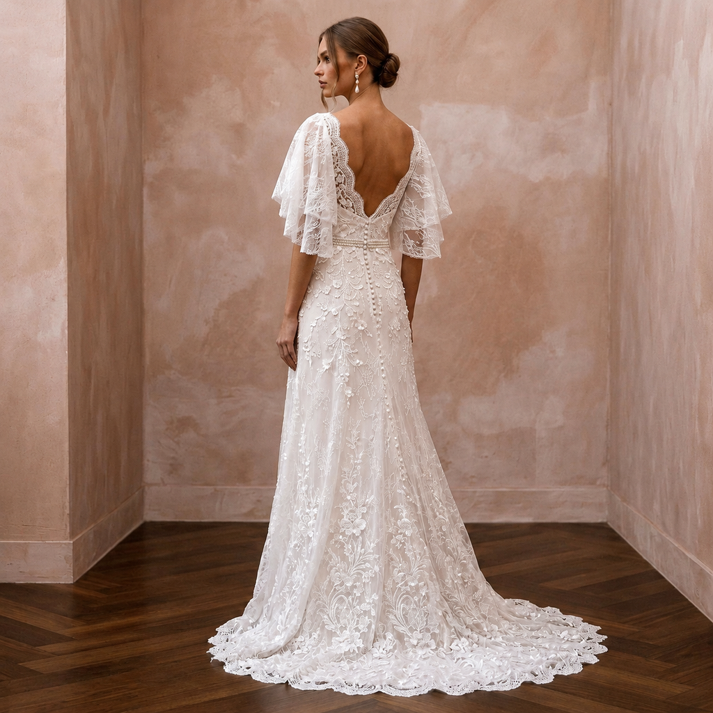 Flutter Sleeve Lace Bridal Gown for a Spring Wedding - Apparel & Accessories > Clothing > Wedding & Bridal Party Dresses > Wedding Dresses - Mignonette Bridal