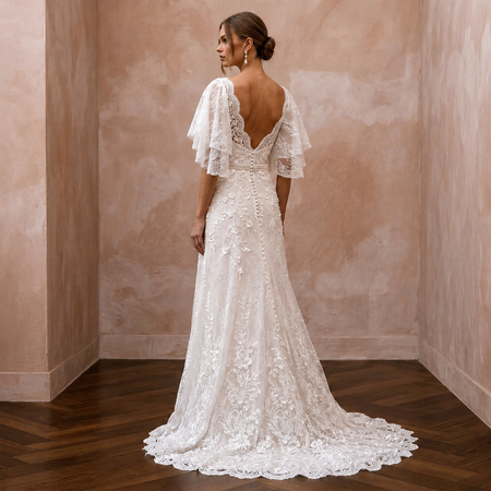 Flutter Sleeve Lace Bridal Gown for a Spring Wedding - Apparel & Accessories > Clothing > Wedding & Bridal Party Dresses > Wedding Dresses - Mignonette Bridal