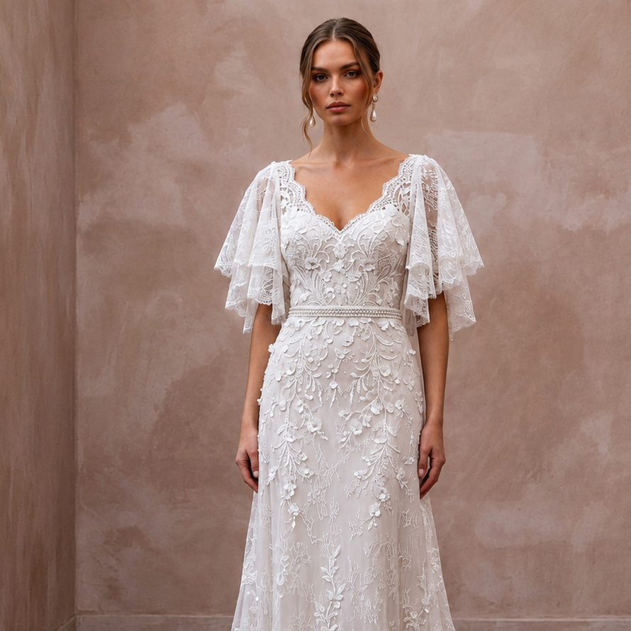 Flutter Sleeve Lace Bridal Gown for a Spring Wedding - Apparel & Accessories > Clothing > Wedding & Bridal Party Dresses > Wedding Dresses - Mignonette Bridal