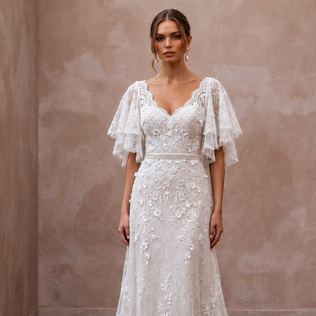 Flutter Sleeve Lace Bridal Gown for a Spring Wedding - Apparel & Accessories > Clothing > Wedding & Bridal Party Dresses > Wedding Dresses - Mignonette Bridal