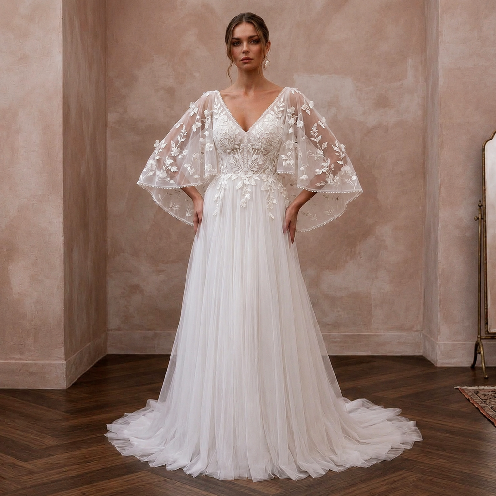 Flutter Sleeve Tulle Wedding Dress for a Garden Ceremony - Apparel & Accessories > Clothing > Wedding & Bridal Party Dresses > Wedding Dresses - Mignonette Bridal