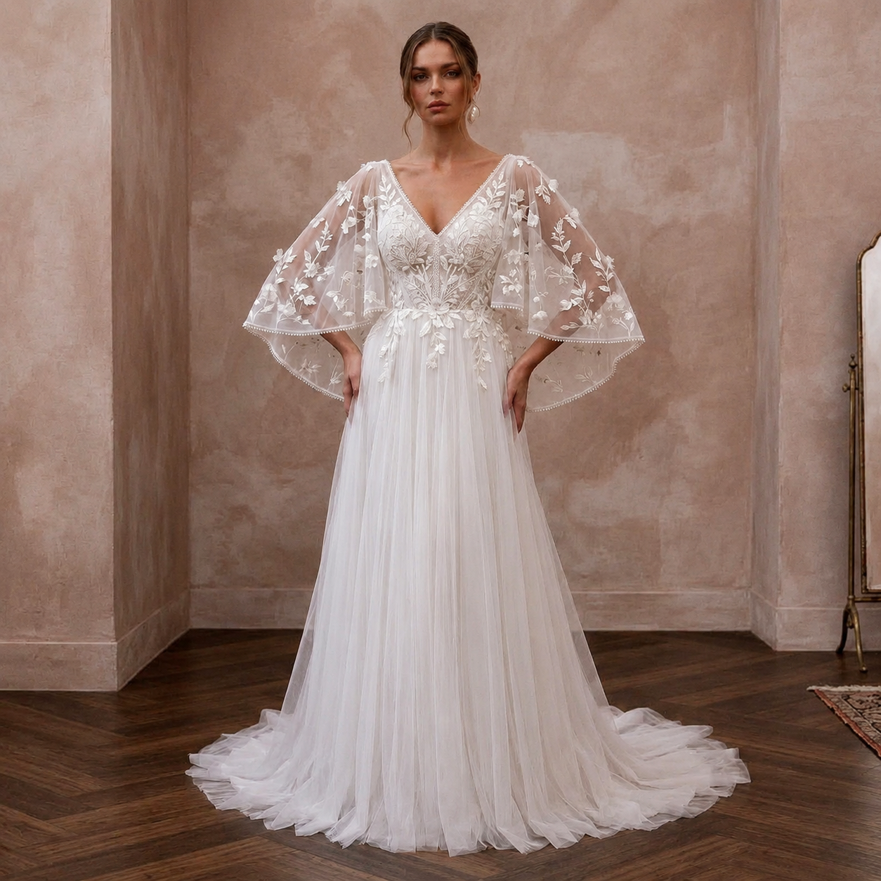 Flutter Sleeve Tulle Wedding Dress for a Garden Ceremony - Apparel & Accessories > Clothing > Wedding & Bridal Party Dresses > Wedding Dresses - Mignonette Bridal