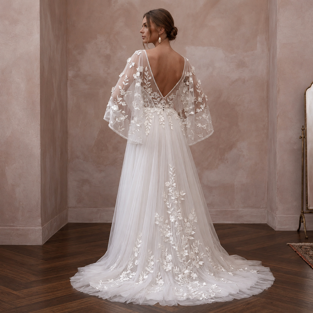 Flutter Sleeve Tulle Wedding Dress for a Garden Ceremony - Apparel & Accessories > Clothing > Wedding & Bridal Party Dresses > Wedding Dresses - Mignonette Bridal