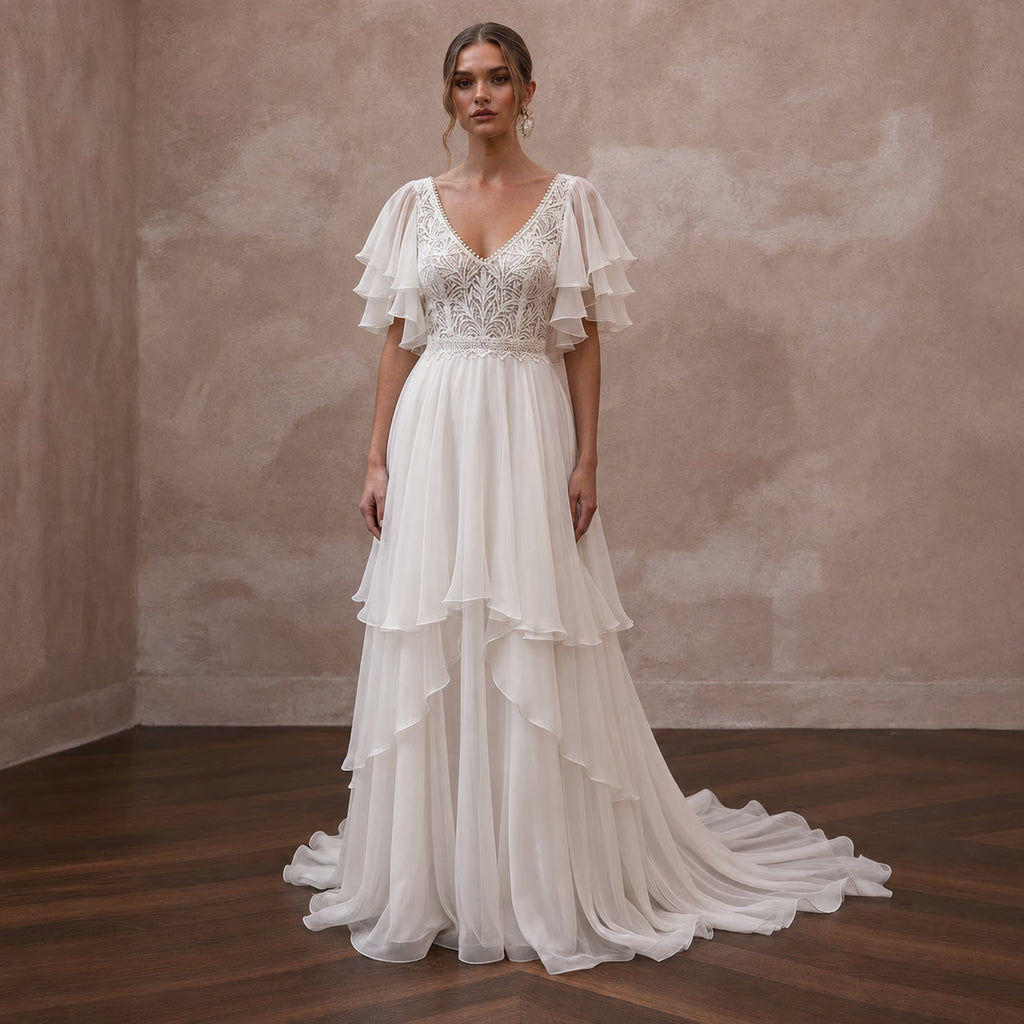 Flutter Sleeve Wedding Dresses with Airy Chiffon Layers - Apparel & Accessories > Clothing > Wedding & Bridal Party Dresses > Wedding Dresses - Mignonette