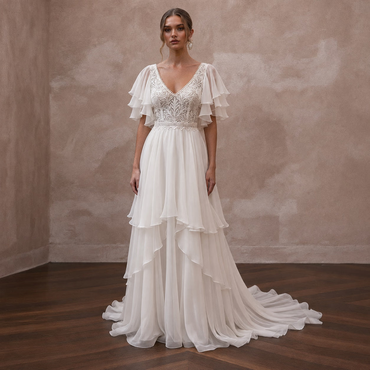 Flutter Sleeve Wedding Dresses with Airy Chiffon Layers - Apparel & Accessories > Clothing > Wedding & Bridal Party Dresses > Wedding Dresses - Mignonette