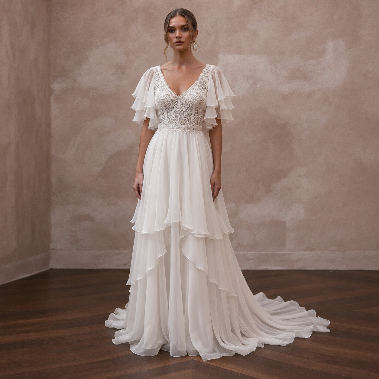 Flutter Sleeve Wedding Dresses with Airy Chiffon Layers