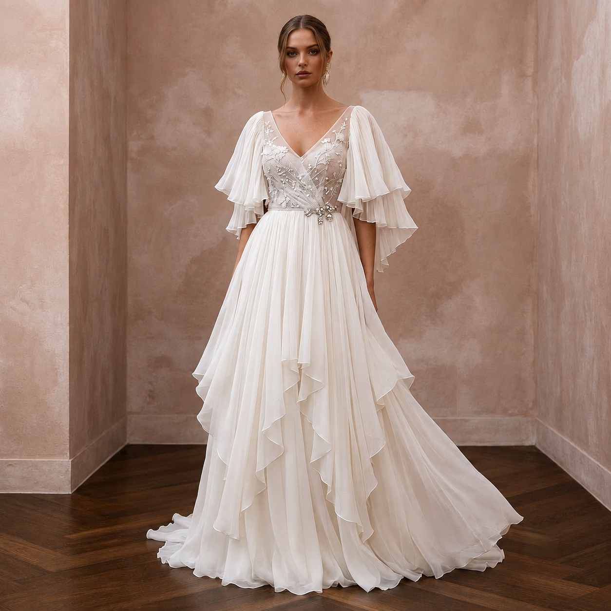 Flutter Sleeve Wedding Dresses with Airy Chiffon Layers - Apparel & Accessories > Clothing > Wedding & Bridal Party Dresses > Wedding Dresses - Mignonette Bridal