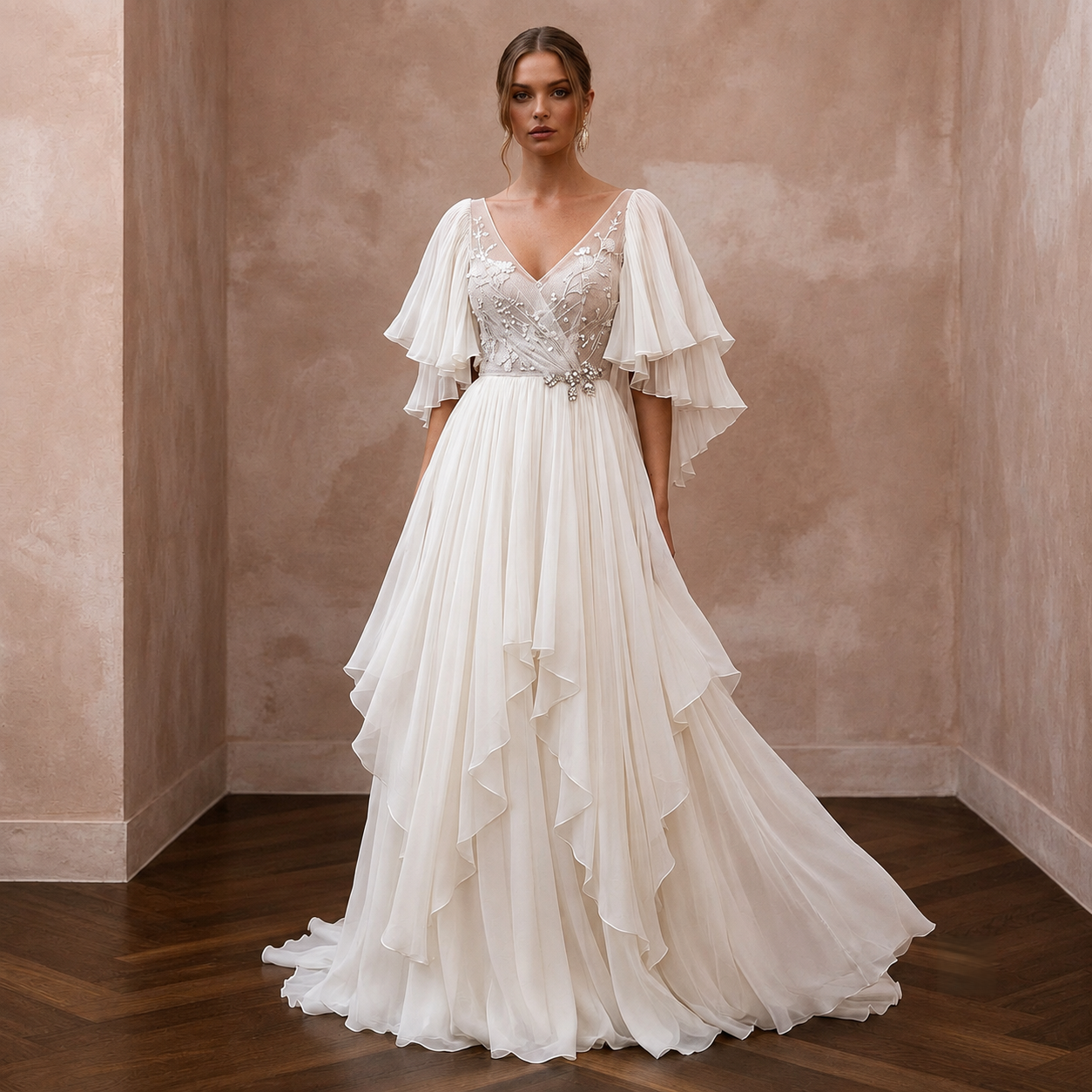 Flutter Sleeve Wedding Dresses with Airy Chiffon Layers