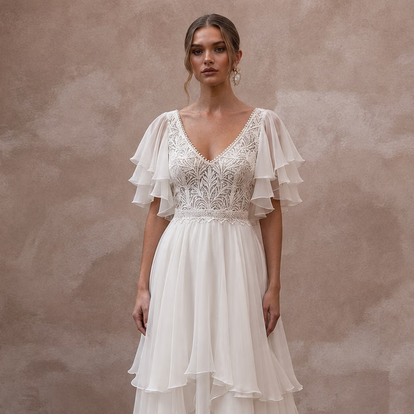 Flutter Sleeve Wedding Dresses with Airy Chiffon Layers - Apparel & Accessories > Clothing > Wedding & Bridal Party Dresses > Wedding Dresses - Mignonette