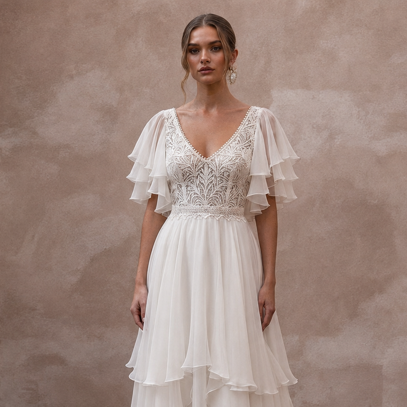 Flutter Sleeve Wedding Dresses with Airy Chiffon Layers