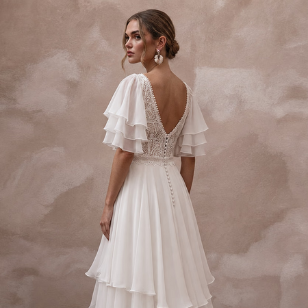 Flutter Sleeve Wedding Dresses with Airy Chiffon Layers - Apparel & Accessories > Clothing > Wedding & Bridal Party Dresses > Wedding Dresses - Mignonette