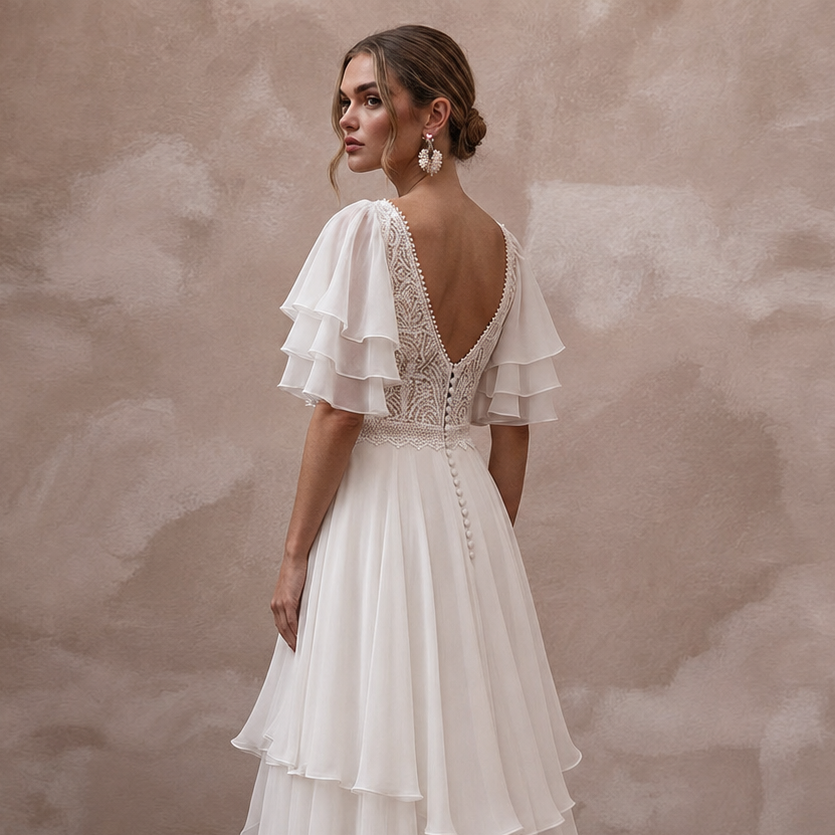 Flutter Sleeve Wedding Dresses with Airy Chiffon Layers