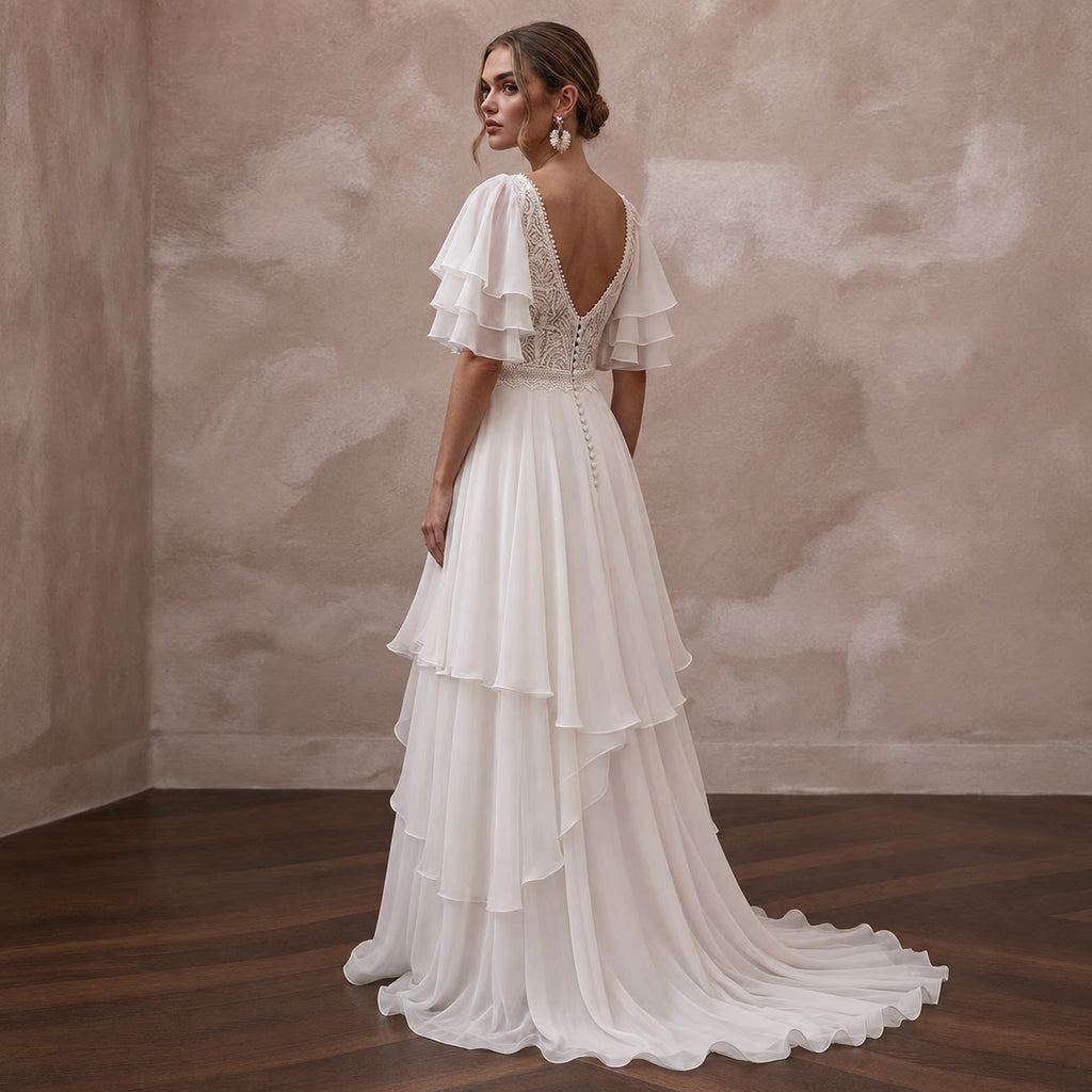 Flutter Sleeve Wedding Dresses with Airy Chiffon Layers - Apparel & Accessories > Clothing > Wedding & Bridal Party Dresses > Wedding Dresses - Mignonette