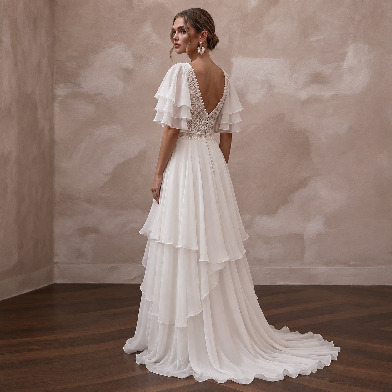 Flutter Sleeve Wedding Dresses with Airy Chiffon Layers - Apparel & Accessories > Clothing > Wedding & Bridal Party Dresses > Wedding Dresses - Mignonette
