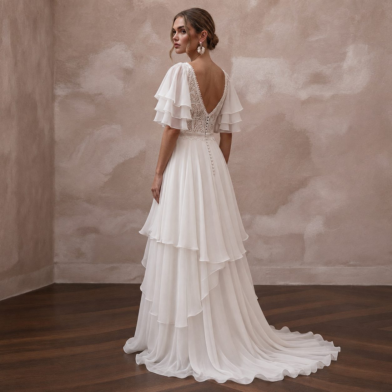 Flutter Sleeve Wedding Dresses with Airy Chiffon Layers Secondary image