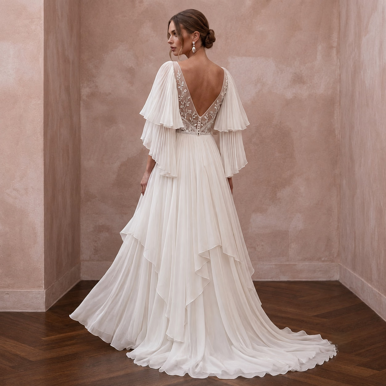 Flutter Sleeve Wedding Dresses with Airy Chiffon Layers - Apparel & Accessories > Clothing > Wedding & Bridal Party Dresses > Wedding Dresses - Mignonette Bridal