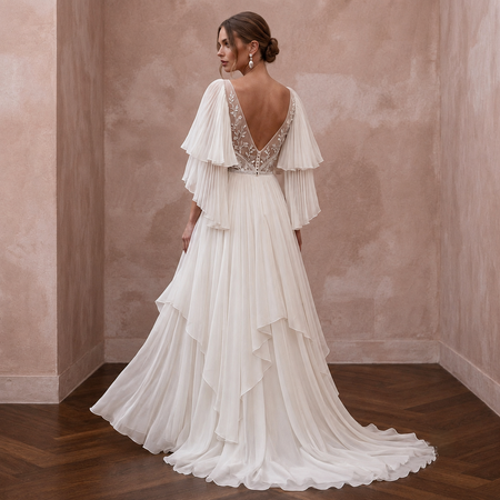 Flutter Sleeve Wedding Dresses with Airy Chiffon Layers