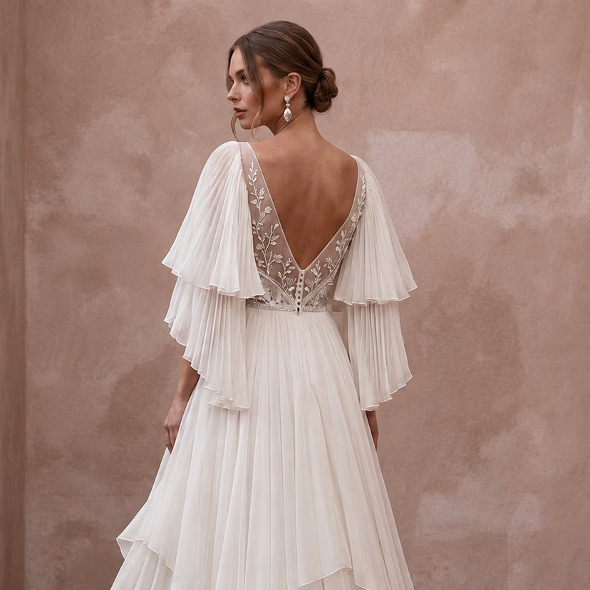 Flutter Sleeve Wedding Dresses with Airy Chiffon Layers - Apparel & Accessories > Clothing > Wedding & Bridal Party Dresses > Wedding Dresses - Mignonette Bridal