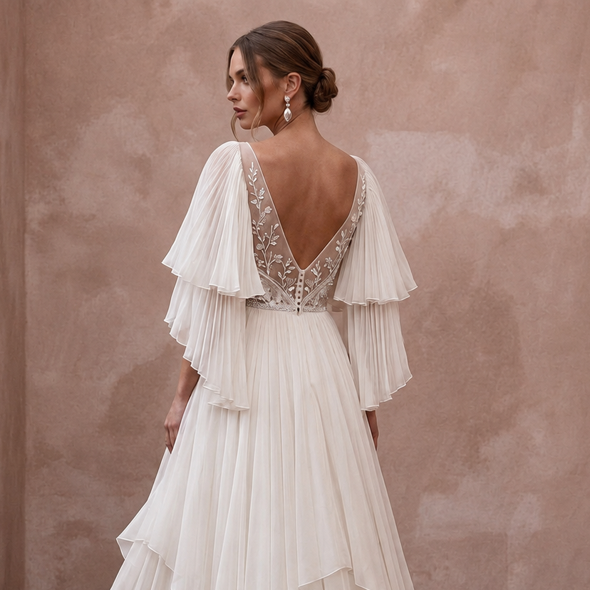 Flutter Sleeve Wedding Dresses with Airy Chiffon Layers