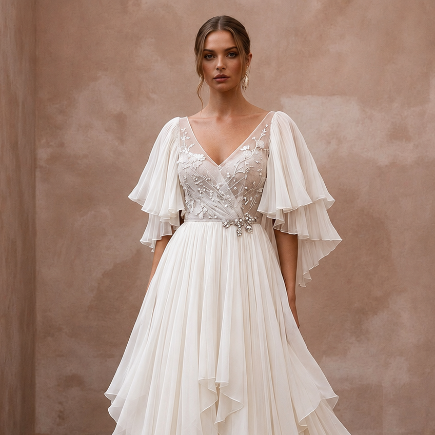 Flutter Sleeve Wedding Dresses with Airy Chiffon Layers