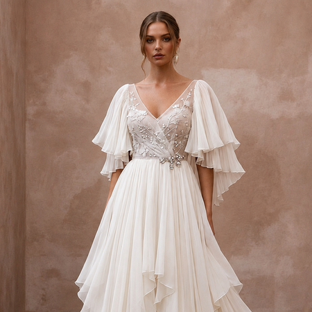 Flutter Sleeve Wedding Dresses with Airy Chiffon Layers