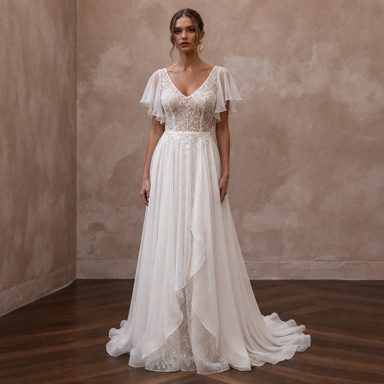 Flutter Sleeve Wedding Dresses with Lightweight Chiffon