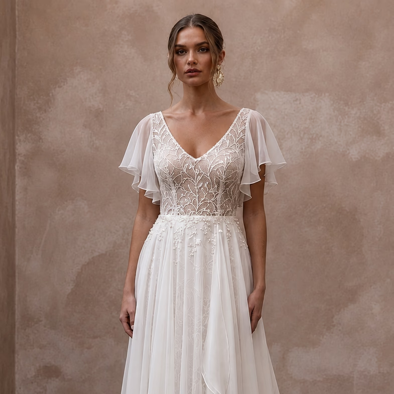 Flutter Sleeve Wedding Dresses with Lightweight Chiffon - Apparel & Accessories > Clothing > Wedding & Bridal Party Dresses > Wedding Dresses - Mignonette Bridal