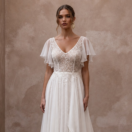 Flutter Sleeve Wedding Dresses with Lightweight Chiffon - Apparel & Accessories > Clothing > Wedding & Bridal Party Dresses > Wedding Dresses - Mignonette Bridal