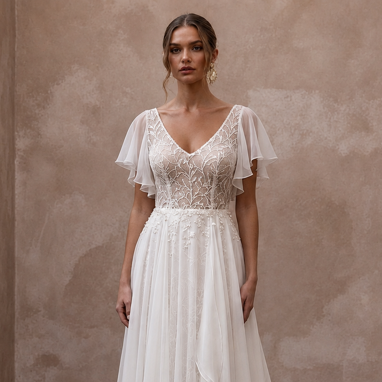 Flutter Sleeve Wedding Dresses with Lightweight Chiffon