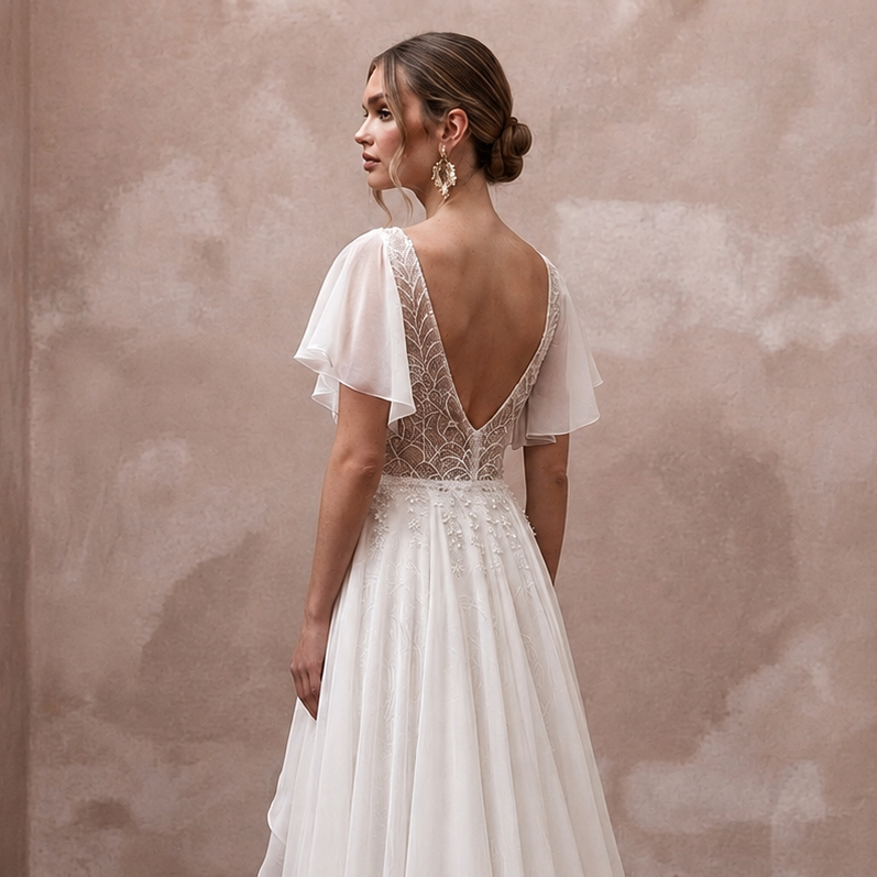 Flutter Sleeve Wedding Dresses with Lightweight Chiffon