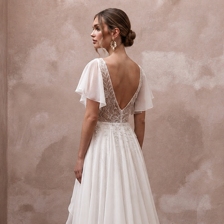 Flutter Sleeve Wedding Dresses with Lightweight Chiffon