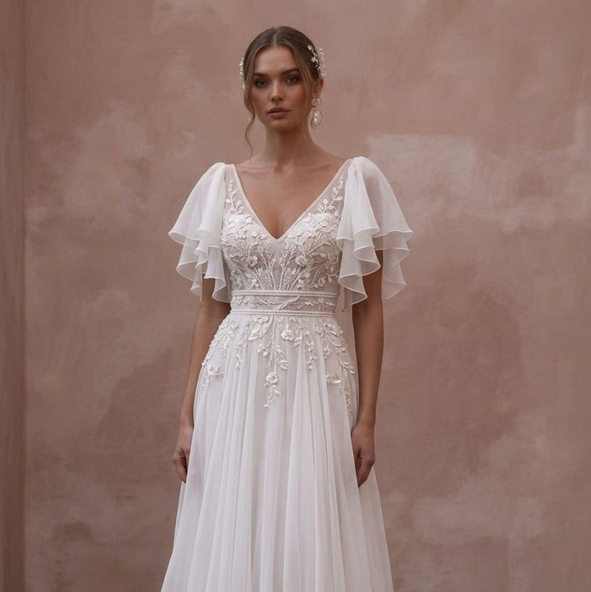 Flutter Sleeve Wedding Dresses with Soft Chiffon Layers
