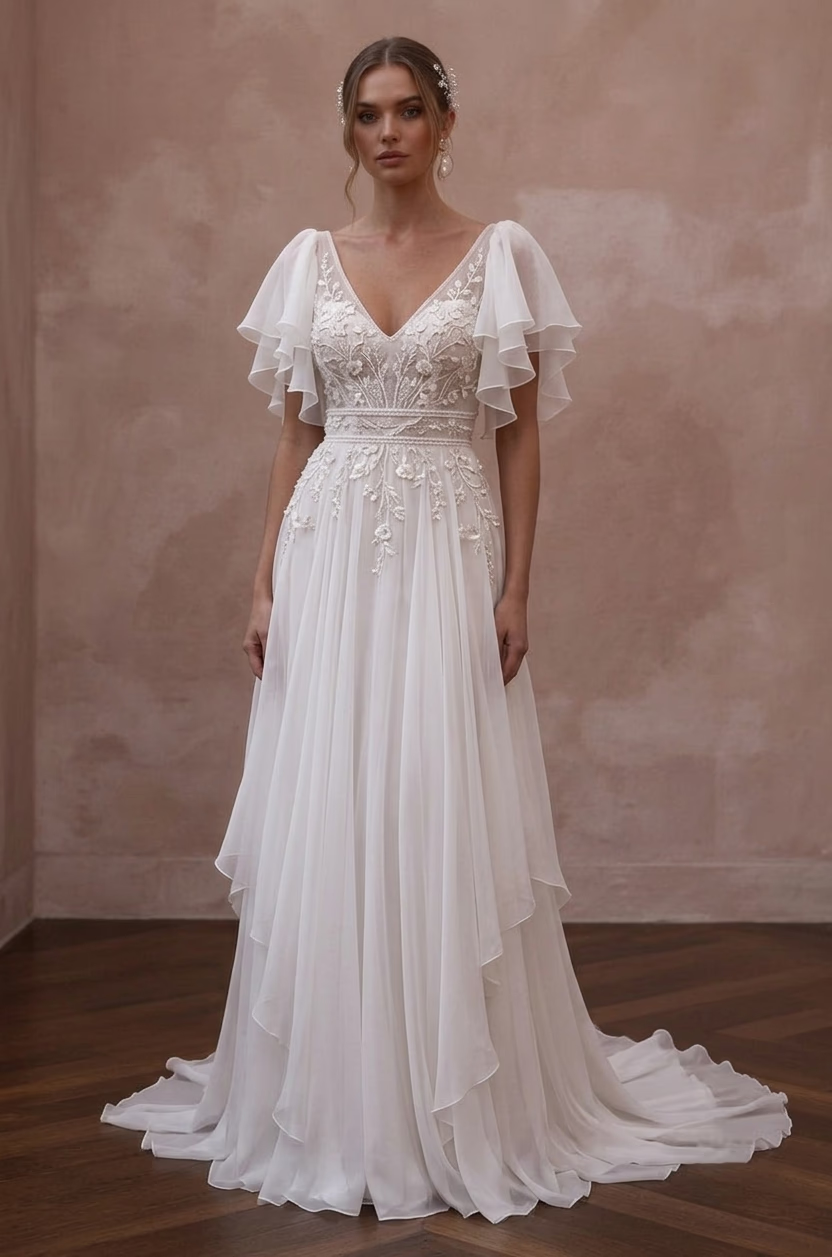 Flutter Sleeve Wedding Dresses with Soft Chiffon Layers - Apparel & Accessories > Clothing > Wedding & Bridal Party Dresses > Wedding Dresses - Mignonette