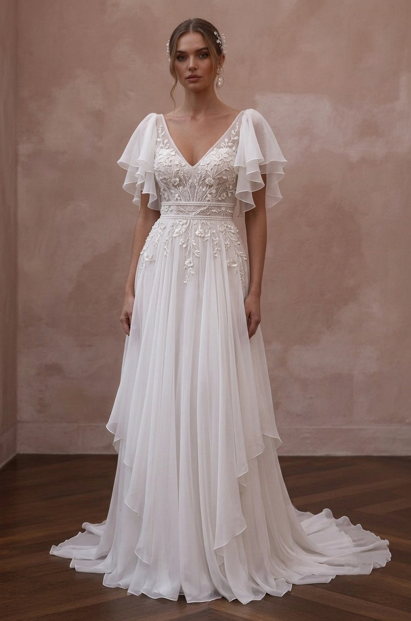 Flutter Sleeve Wedding Dresses with Soft Chiffon Layers